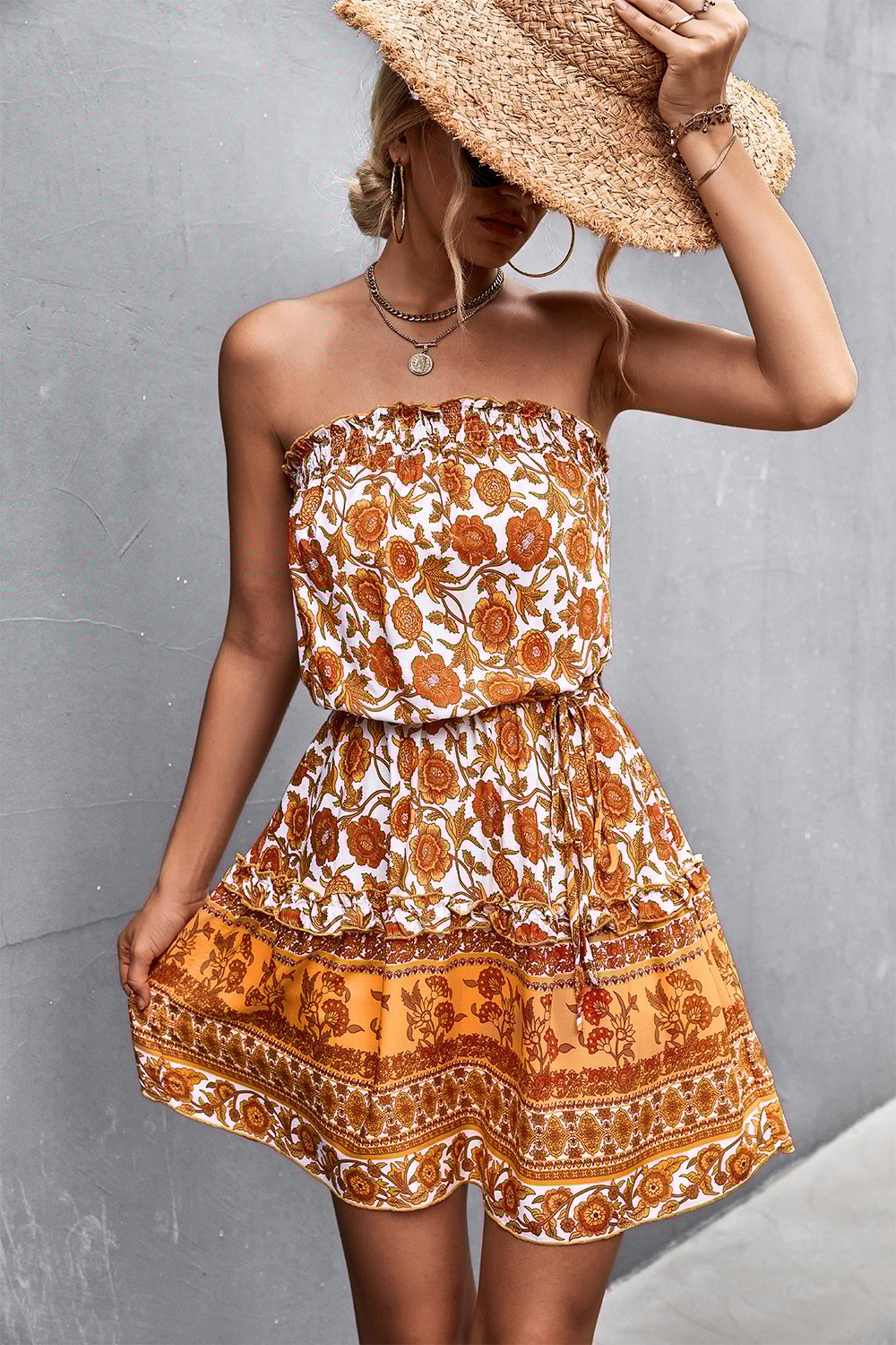 Vestido A-Line Floral sin tirantes con Cintura Alta | Ideal para Verano
