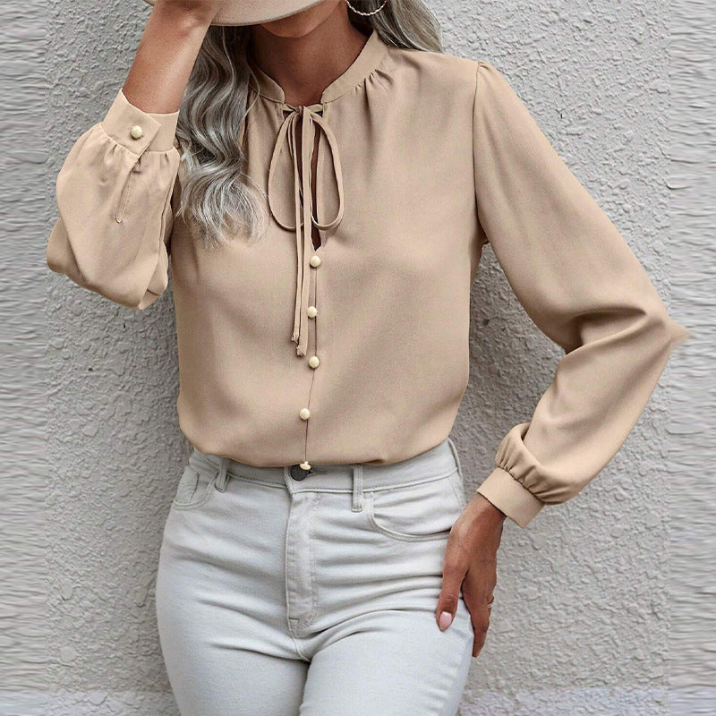 Camisa de Manga Larga con Cuello de Cordones | Ideal para Primavera y Otoño