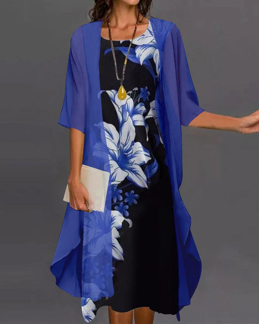 Vestido Floral de Dos Piezas con Manga Media y Dobladillo Asimétrico | Ideal para Primavera y Verano