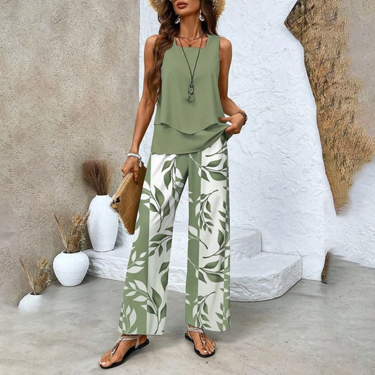 Conjunto de Dos Piezas con Escote Cuadrado sin Mangas y Pantalones con Estampado Botánico | Ideal para Primavera y Verano