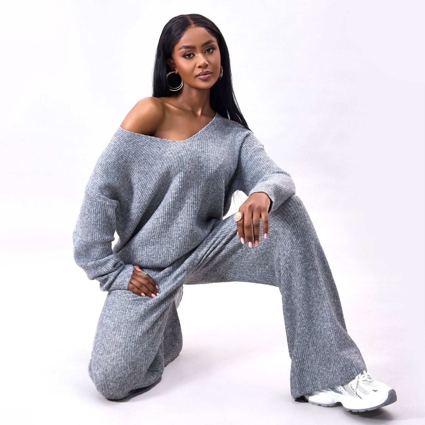 Conjunto de Dos Piezas de Punto con Rayas Hundidas y Mangas Largas | Ideal para Otoño
