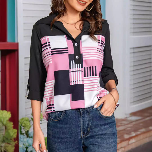 Camisa de Poliéster con Estampado Geométrico y Mangas Tres Cuartos | Ideal para Primavera y Otoño