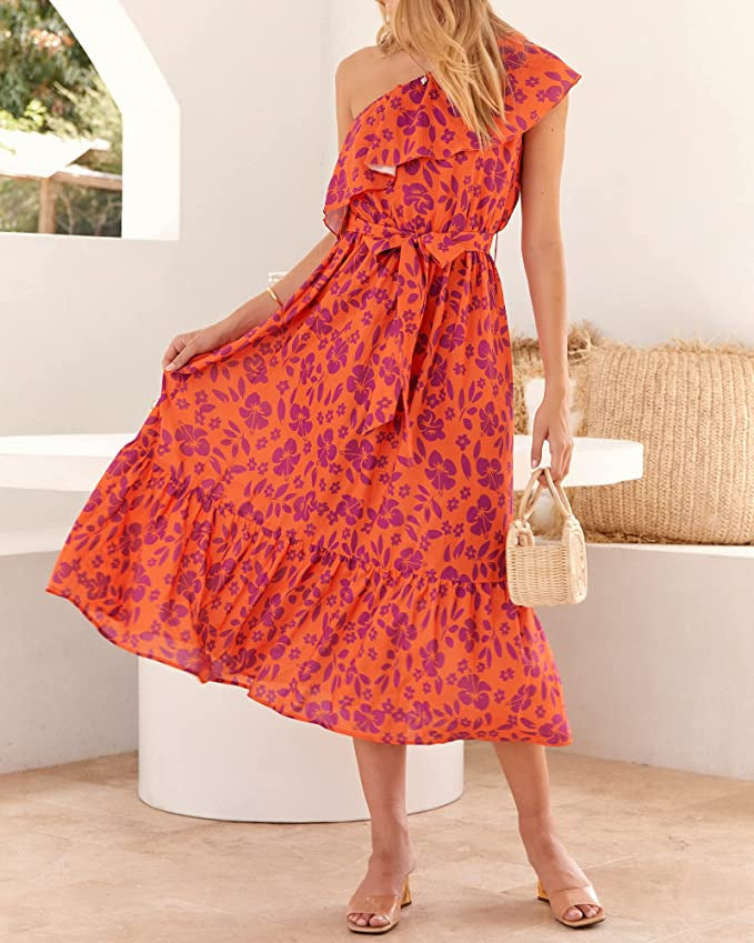 Vestido Sin Mangas con Estampado Bohemio y Cintura Alta con Hombro Asimétrico | Ideal para Primavera y Verano