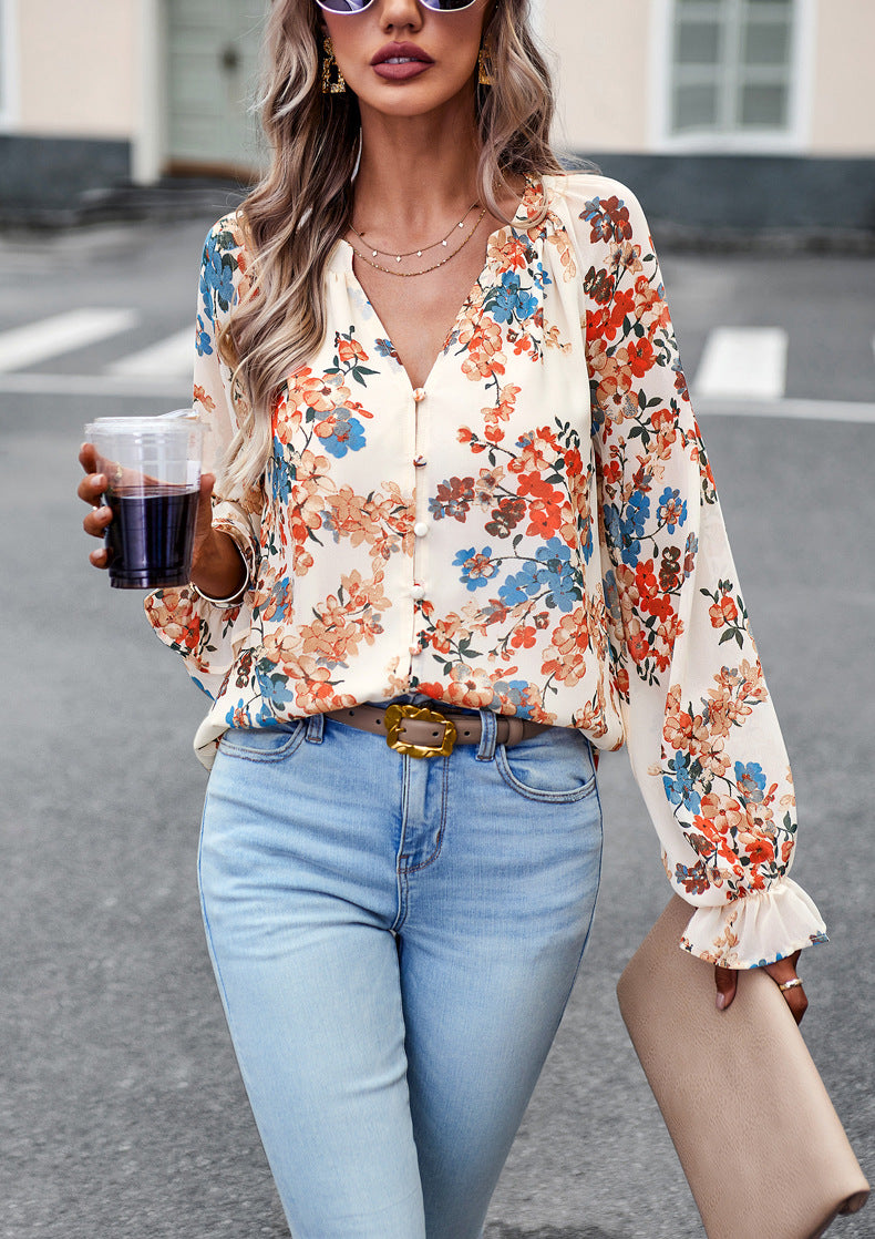 Blusa de Chiffon de Manga Larga con Escote en V y Estampado Floral