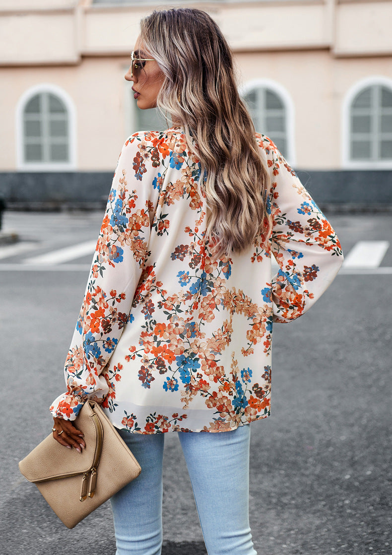 Blusa de Chiffon de Manga Larga con Escote en V y Estampado Floral