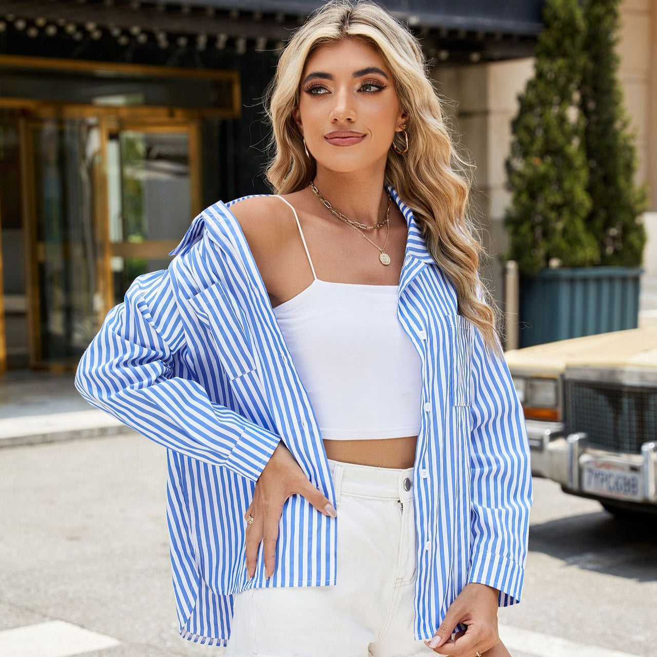 Camisa de Manga Larga a Rayas con Bolsillos, Ideal para Primavera y Otoño