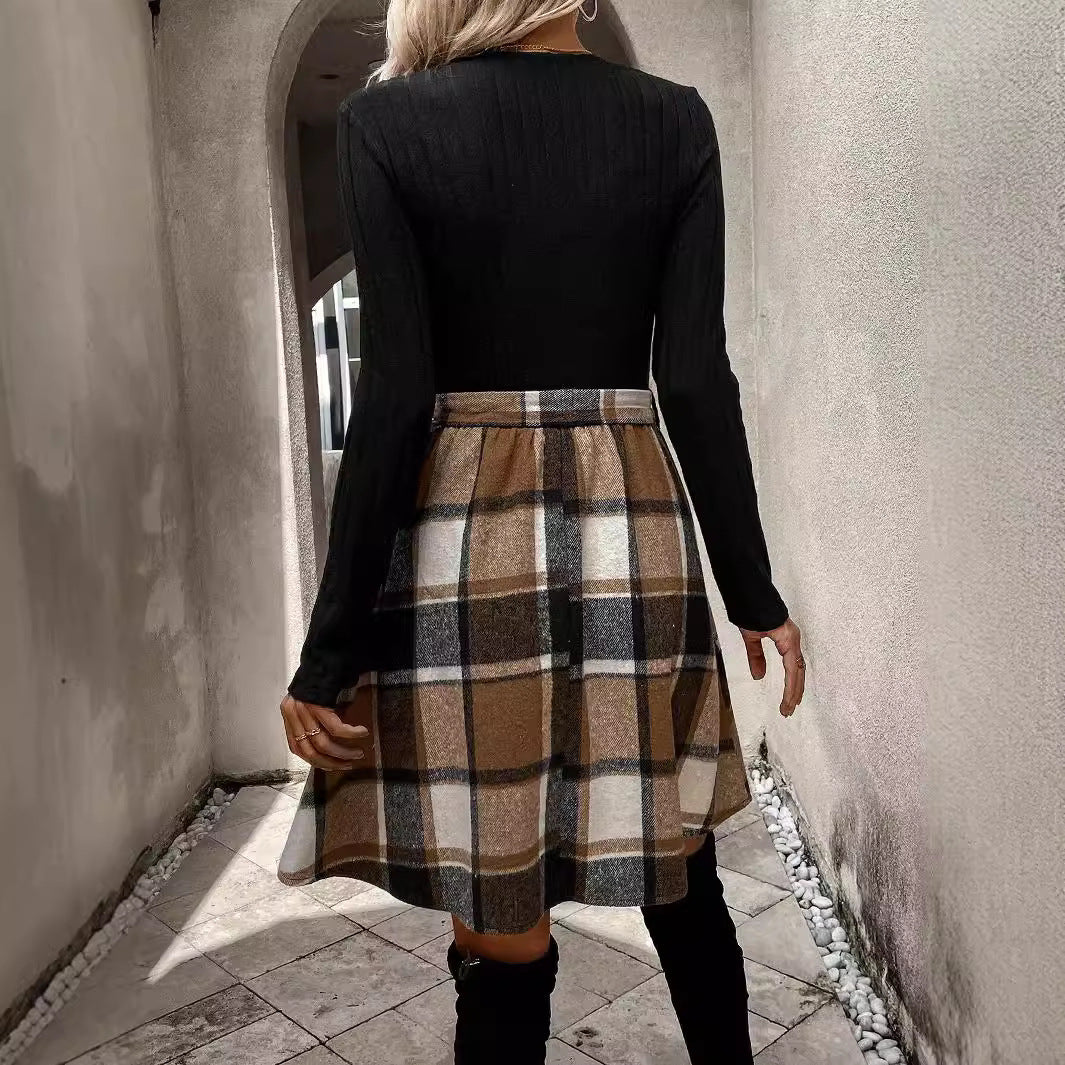 Vestido A-Line con Cordones y Cuadros de Punto, Mangas Largas | Ideal para Otoño e Invierno