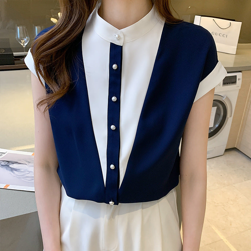 Cardigan Camisa de Cuello Alto con Costuras en Contraste y Manga Corta | Ideal para Primavera y Verano