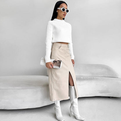 Falda Recta de Piel de PU Forrada en Felpa | Ideal para Otoño e Invierno