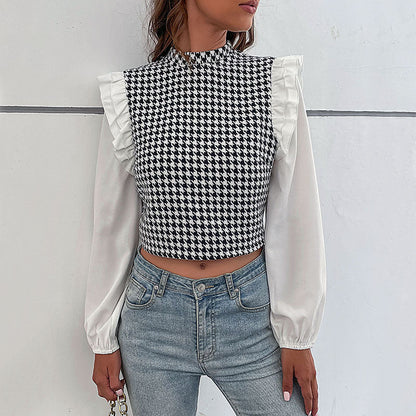 Blusa de Cuello Medio Houndstooth Manga Larga y Corte Corto | Ideal para Otoño e Invierno