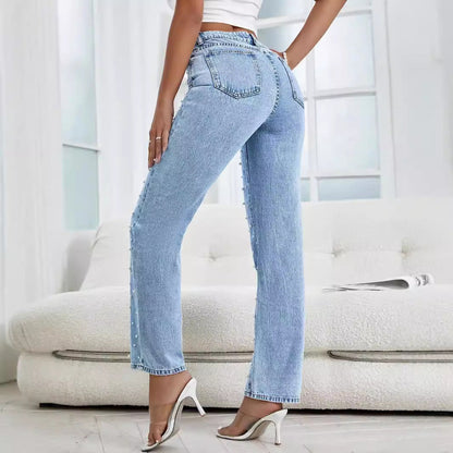 Jeans Denim Cortos con Cuentas en Azul Claro | Ideal para Primavera y Verano