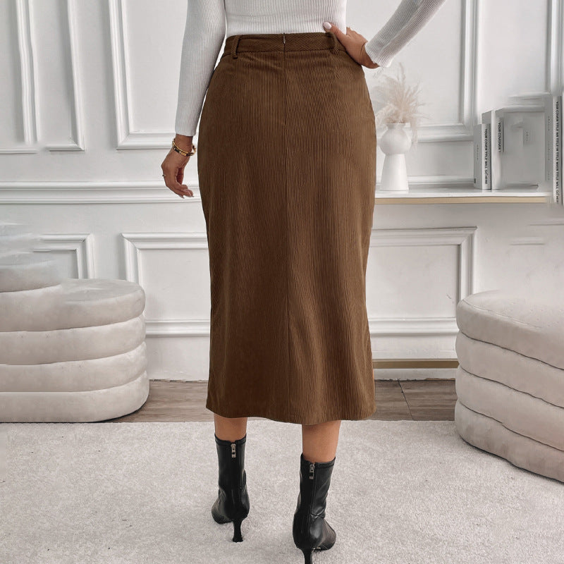 Falda Mid-Length de Tiro Alto en Pana con Abertura | Ideal para Otoño e Invierno