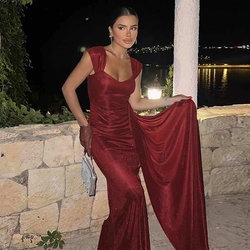 Vestido Largo Sin Mangas con Brillo y Tiro Alto – Ideal para Otoño e Invierno