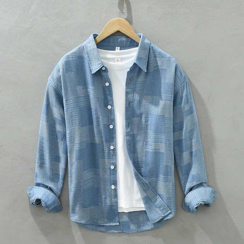 Camisa de mezclilla Jacquard de bloques de color manga larga, ideal para primavera y otoño