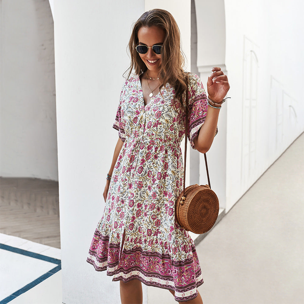 Vestido Midi Estampado con Escote en V y Bajo con Volantes | Ideal para la Primavera y Verano