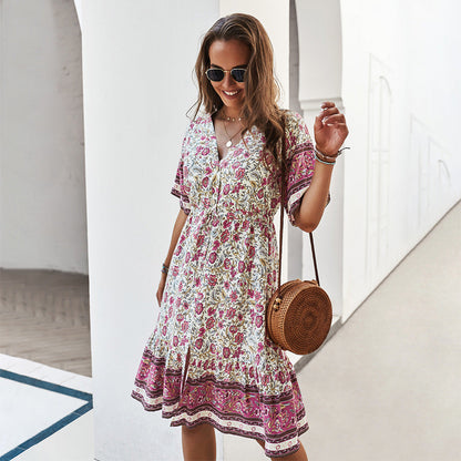 Vestido Midi Estampado con Escote en V y Bajo con Volantes | Ideal para la Primavera y Verano