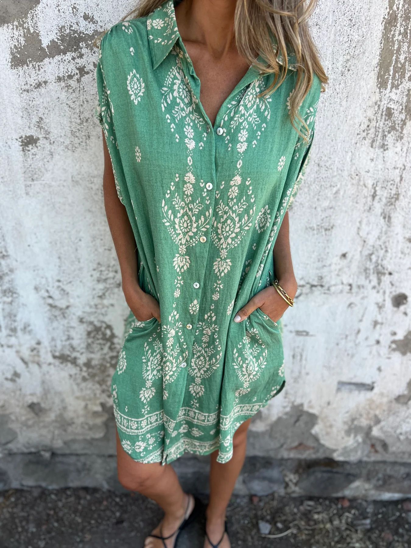 Vestido de Manga Corta de Lino y Algodón con Estampado y Bolsillos | Ideal para Primavera y Verano