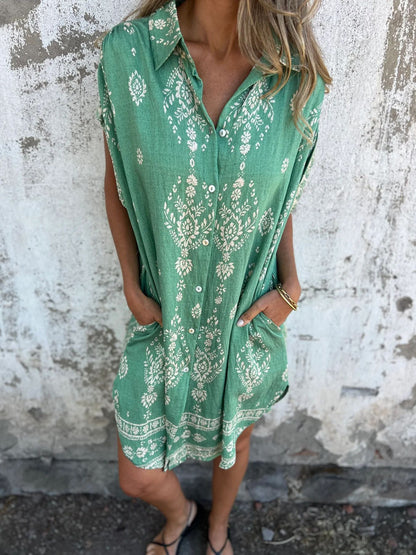 Vestido de Manga Corta de Lino y Algodón con Estampado y Bolsillos | Ideal para Primavera y Verano