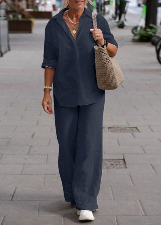 Conjunto de camisa de manga larga y pantalones de pierna ancha I Ideal para primavera y verano