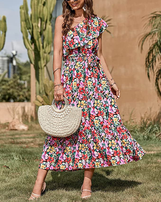 Vestido Sin Mangas con Estampado Bohemio y Cintura Alta con Hombro Asimétrico | Ideal para Primavera y Verano