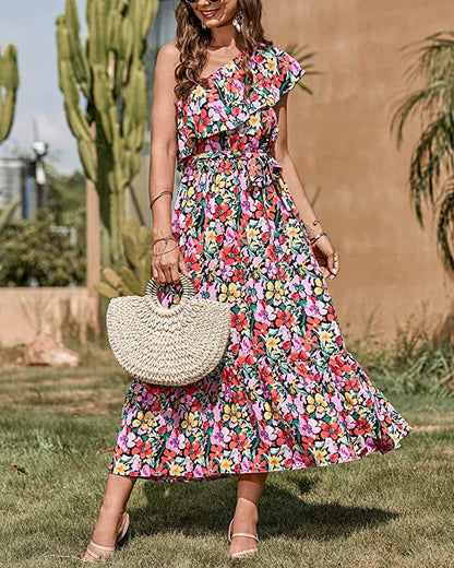 Vestido Sin Mangas con Estampado Bohemio y Cintura Alta con Hombro Asimétrico | Ideal para Primavera y Verano