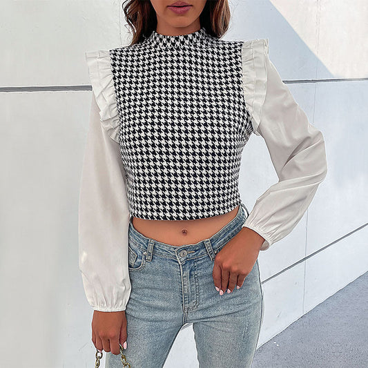 Blusa de Cuello Medio Houndstooth Manga Larga y Corte Corto | Ideal para Otoño e Invierno