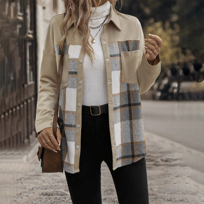 Abrigo de Cuadros con Colorblock, Solapa y Bolsillos para Mujer | Ideal para Otoño
