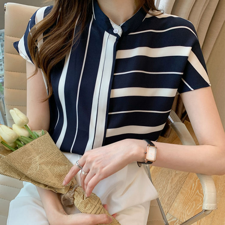 Cardigan Camisa de Cuello Alto con Costuras en Contraste y Manga Corta | Ideal para Primavera y Verano