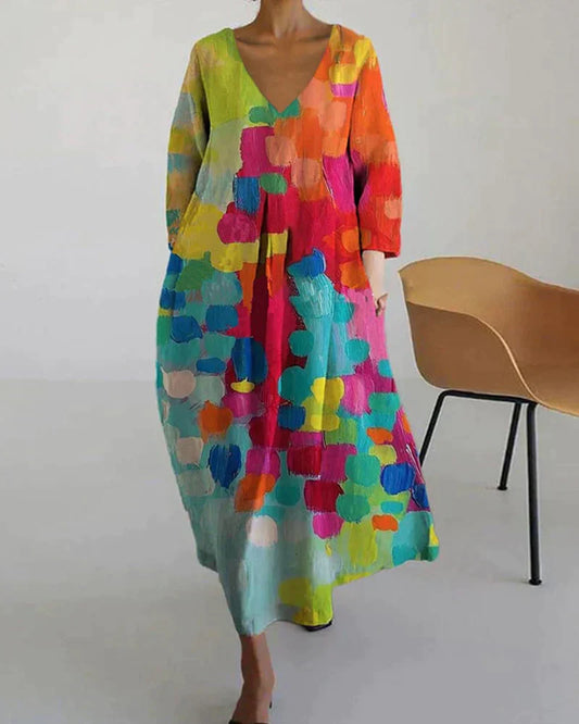 Vestido con Escote en V y Estampado Colorido | Ideal para Primavera