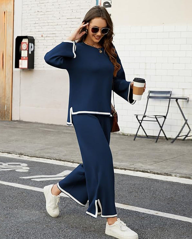 Conjunto de Dos Piezas de Punto con Top Holgado de Manga Larga y Pantalones de Pierna Ancha | Ideal para Todas las Temporadas