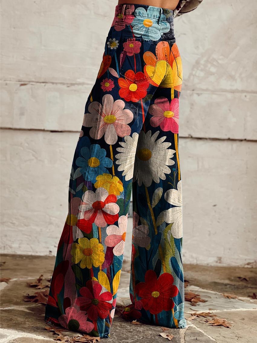 Pantalones Vaqueros Floral de Tiro Alto y Corte Wide-Leg | Ideales para Primavera y Verano