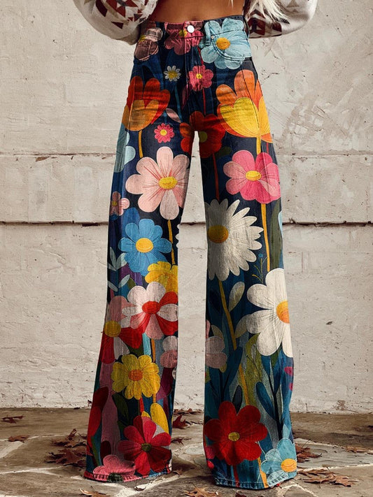 Pantalones Vaqueros Floral de Tiro Alto y Corte Wide-Leg | Ideales para Primavera y Verano