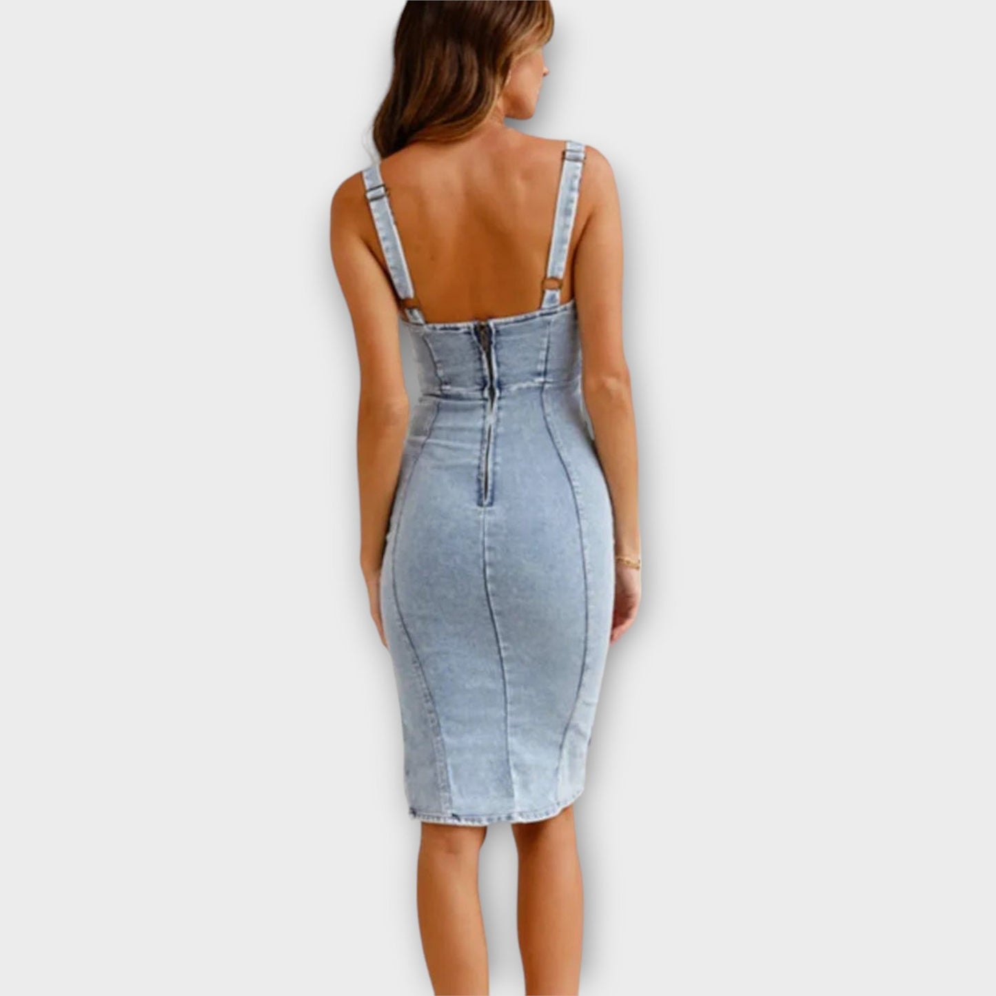 Vestido midi de mezclilla ajustado con aberturas laterales y cierre de cremallera | Ideal para verano