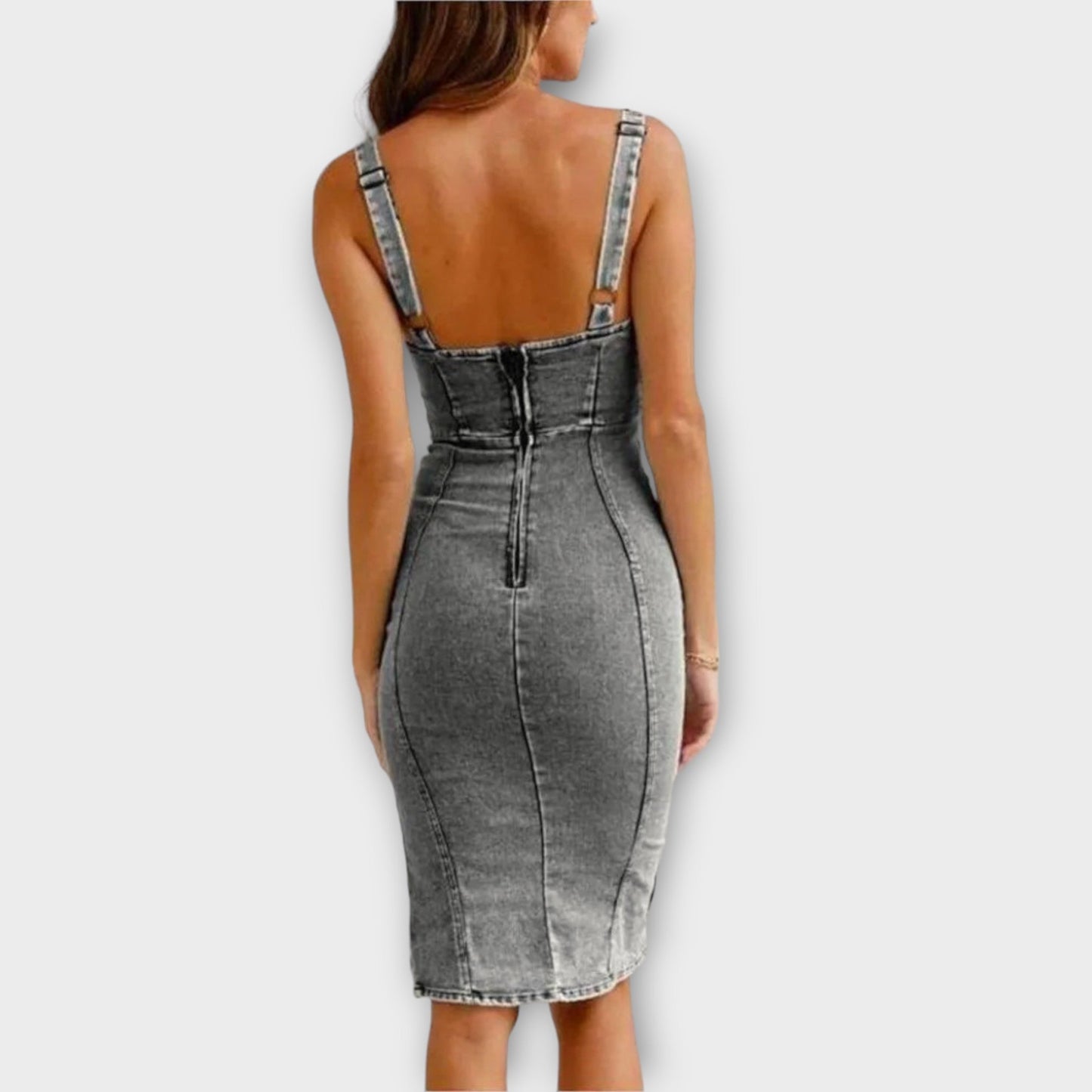 Vestido midi de mezclilla ajustado con aberturas laterales y cierre de cremallera | Ideal para verano