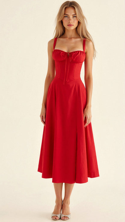 Vestido Midí con Detalle de Corsé y Falda Fluida | Ideal para Primavera y Verano
