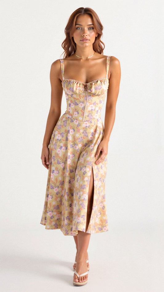 Vestido Midí con Detalle de Corsé y Falda Fluida | Ideal para Primavera y Verano