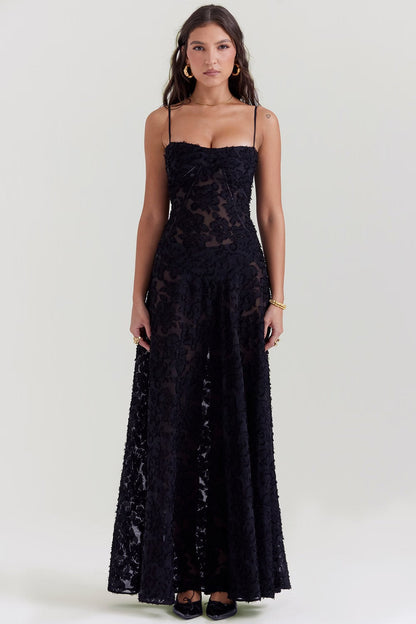 Vestido Largo de Encaje con Tela Brillante | Ideal para Primavera y Verano