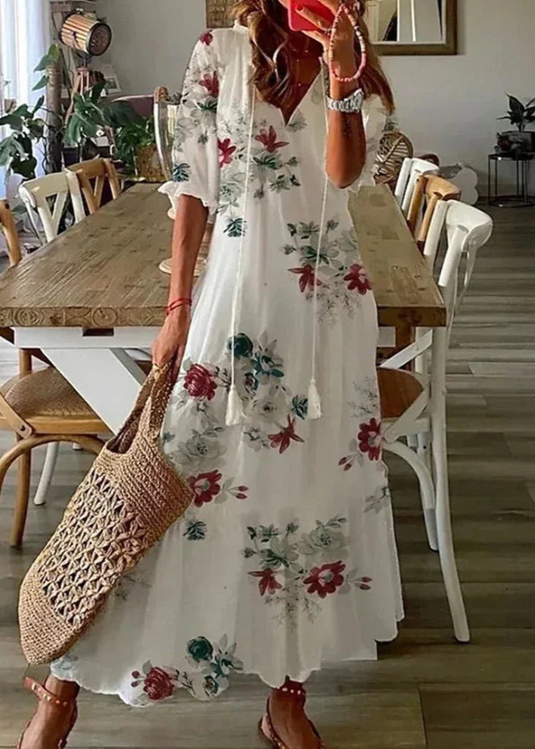 Vestido Largo con Estampado Floral y Cintura Ajustable | Ideal para el Verano